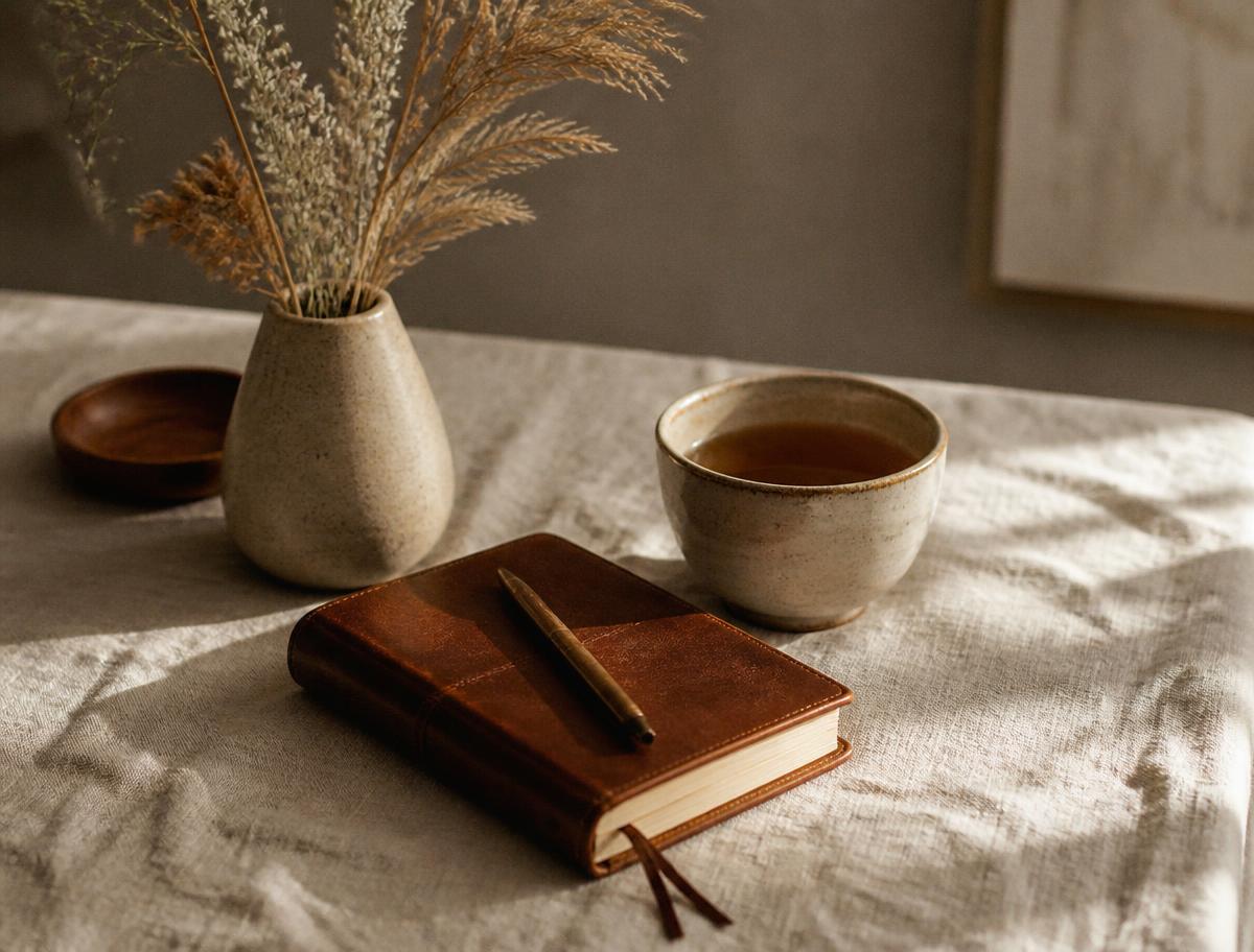 A cup of tea and a notebook on a linen tablecloth in soft morning light